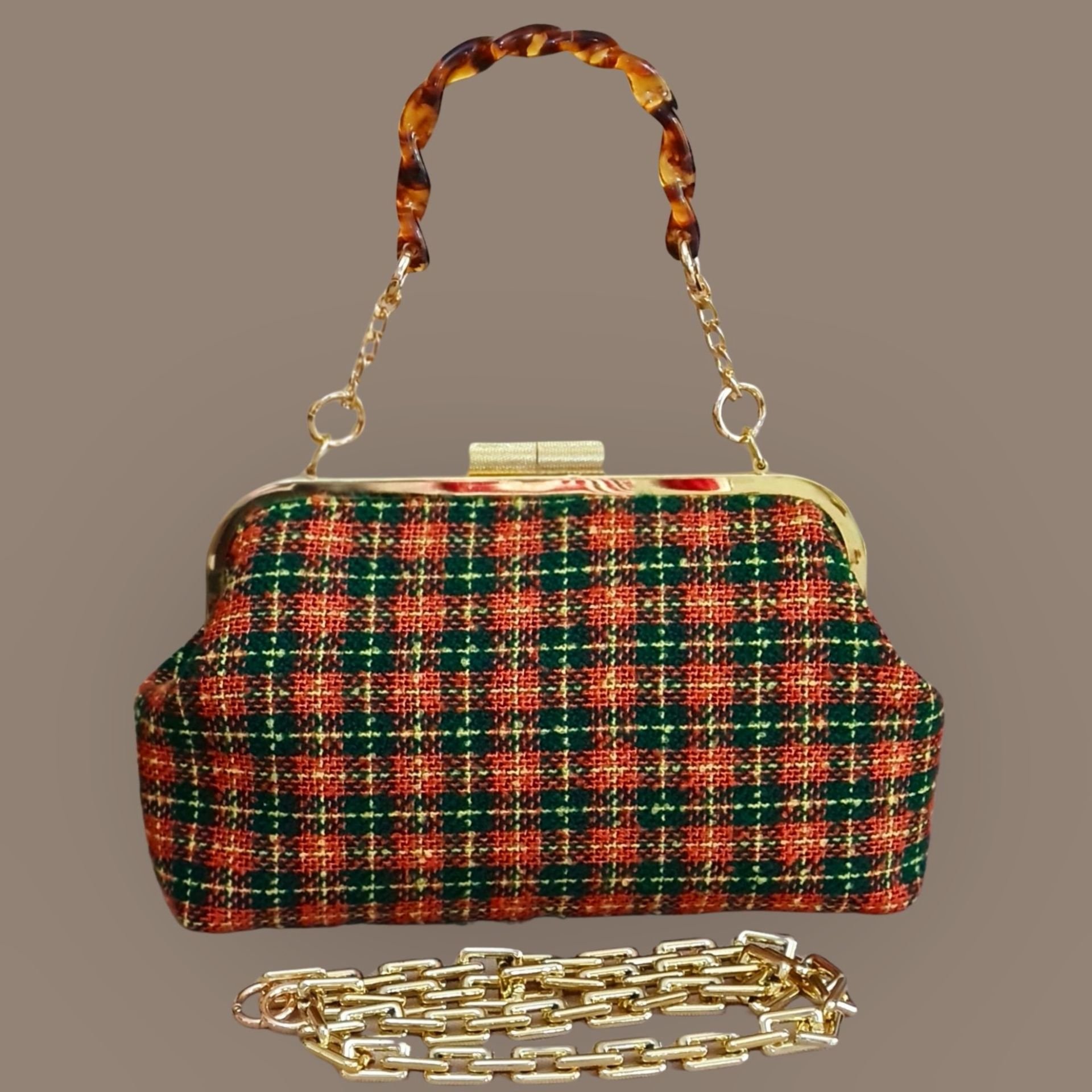 Coco Model Pas Yeşil Renk Desenli Kumaş Tasarım Çanta