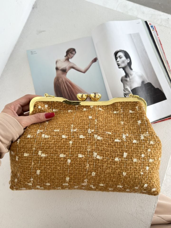 Coco Model Hardal Renk Desenli  Kumaş Tasarım Çanta