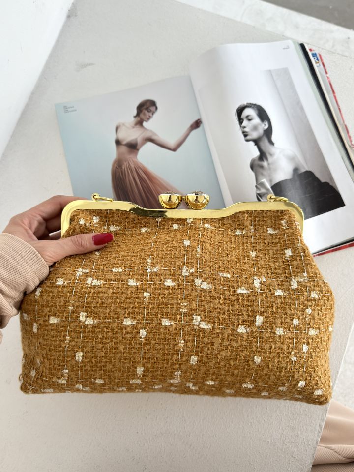 Coco Model Hardal Renk Desenli  Kumaş Tasarım Çanta