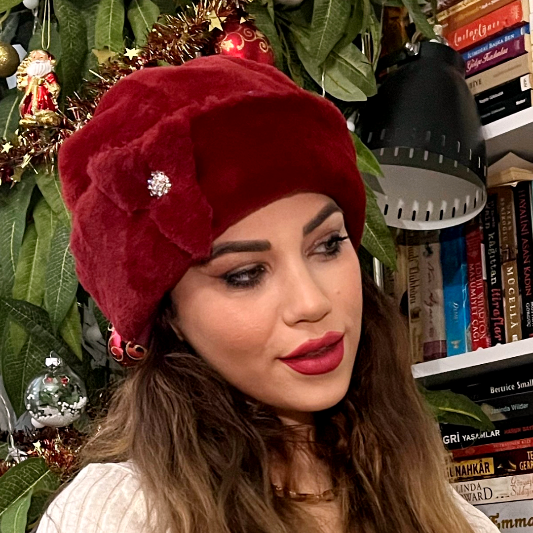 Eleni Bordo Renk Peluş Şapka
