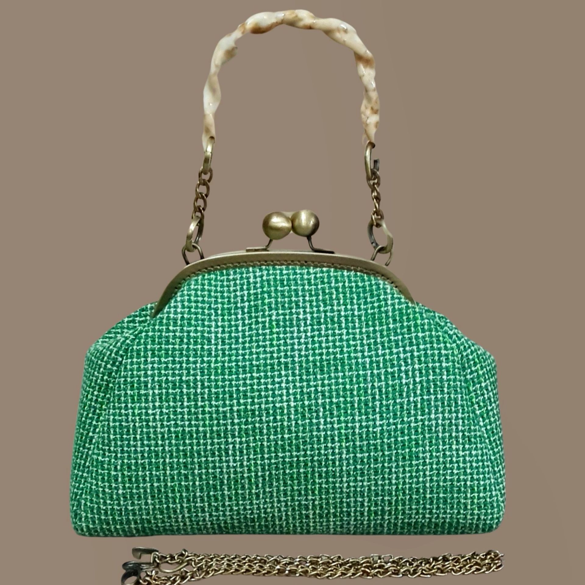 Topuz Model Yeşil Ekru Renk  Kumaş Tasarım Çanta