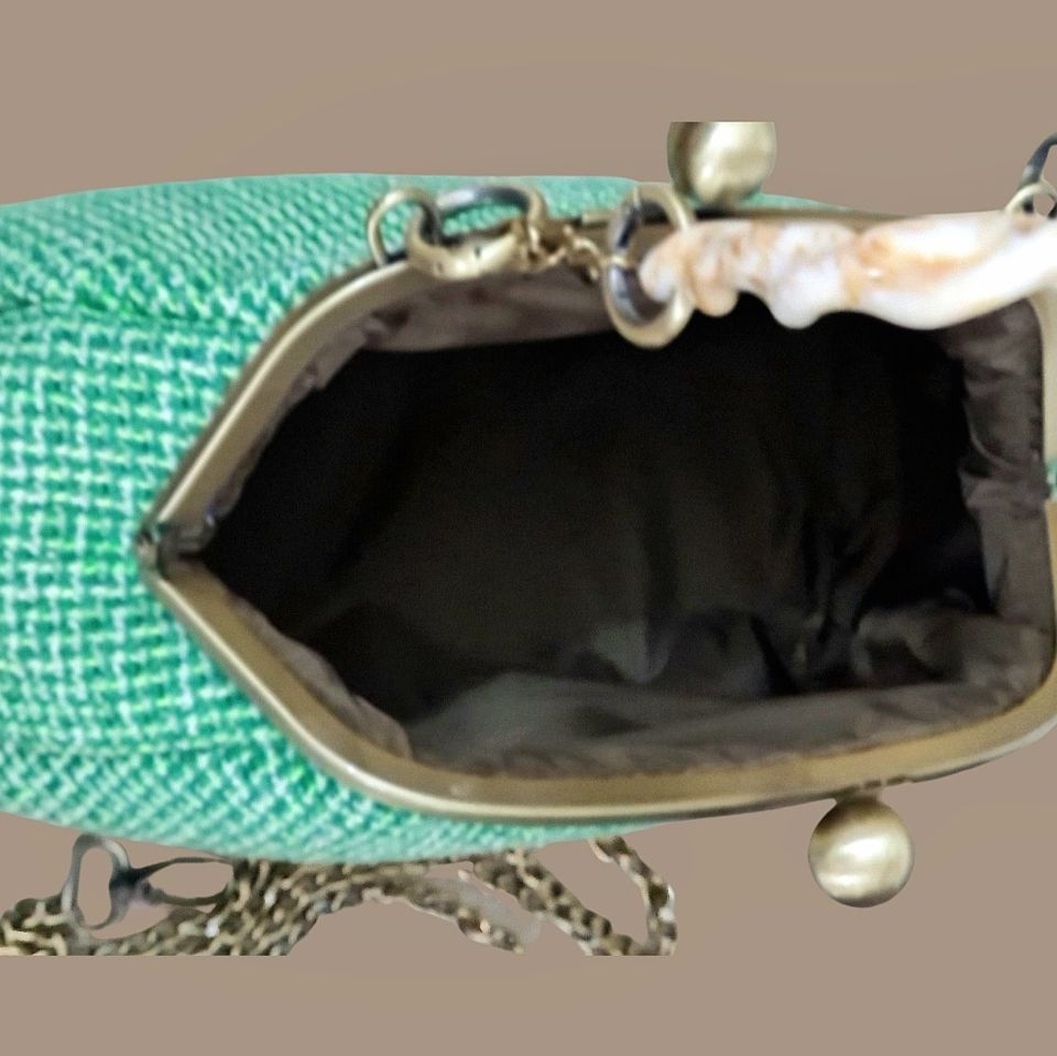 Topuz Model Yeşil Ekru Renk  Kumaş Tasarım Çanta