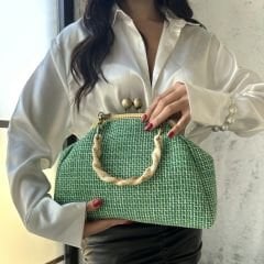 Topuz Model Yeşil Ekru Renk  Kumaş Tasarım Çanta