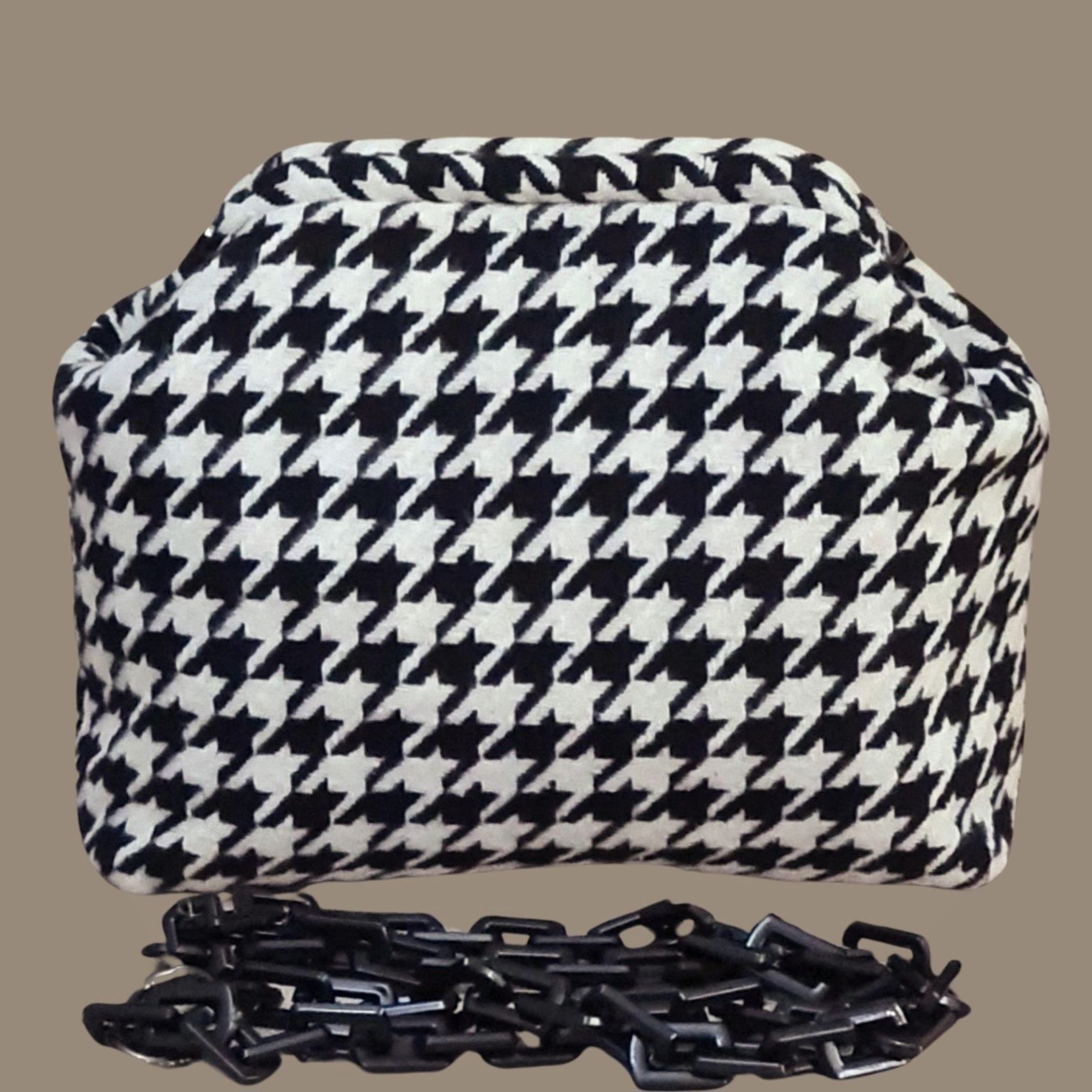 Sardunya Siyah Beyaz Renk Kazayağı Desenli  Kumaş Tasarım Çanta