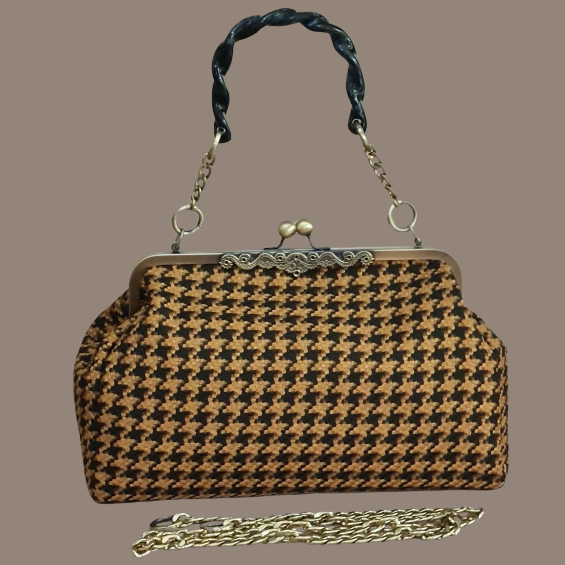 Antik Model Siyah Hardal Renk Kazayağı Desenli Kumaş Tasarım Çanta