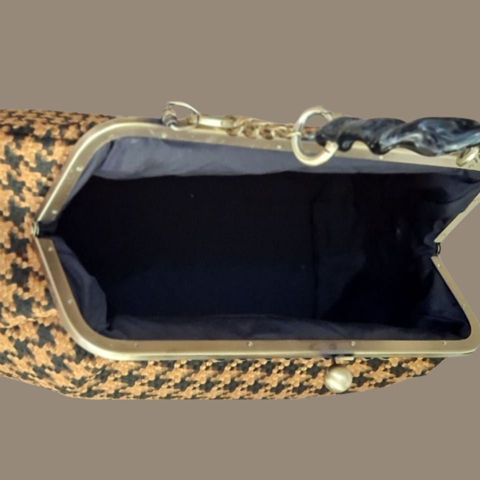 Antik Model Siyah Hardal Renk Kazayağı Desenli Kumaş Tasarım Çanta