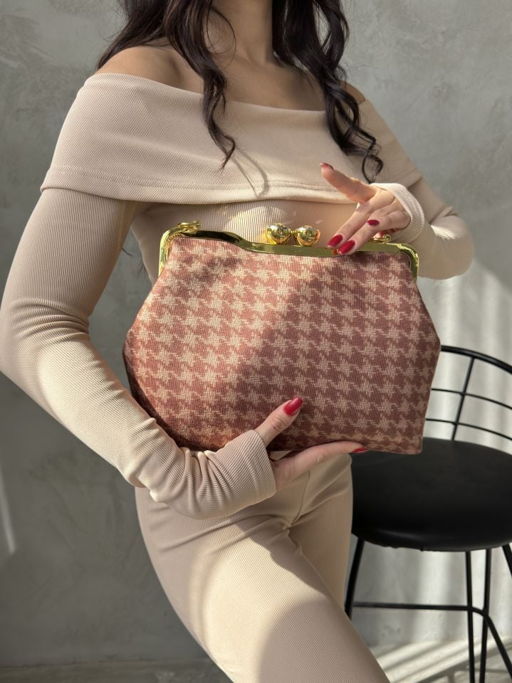 Coco Model Tarçın Capicino Renk Kazayağı Desenli Kumaş Tasarım Çanta