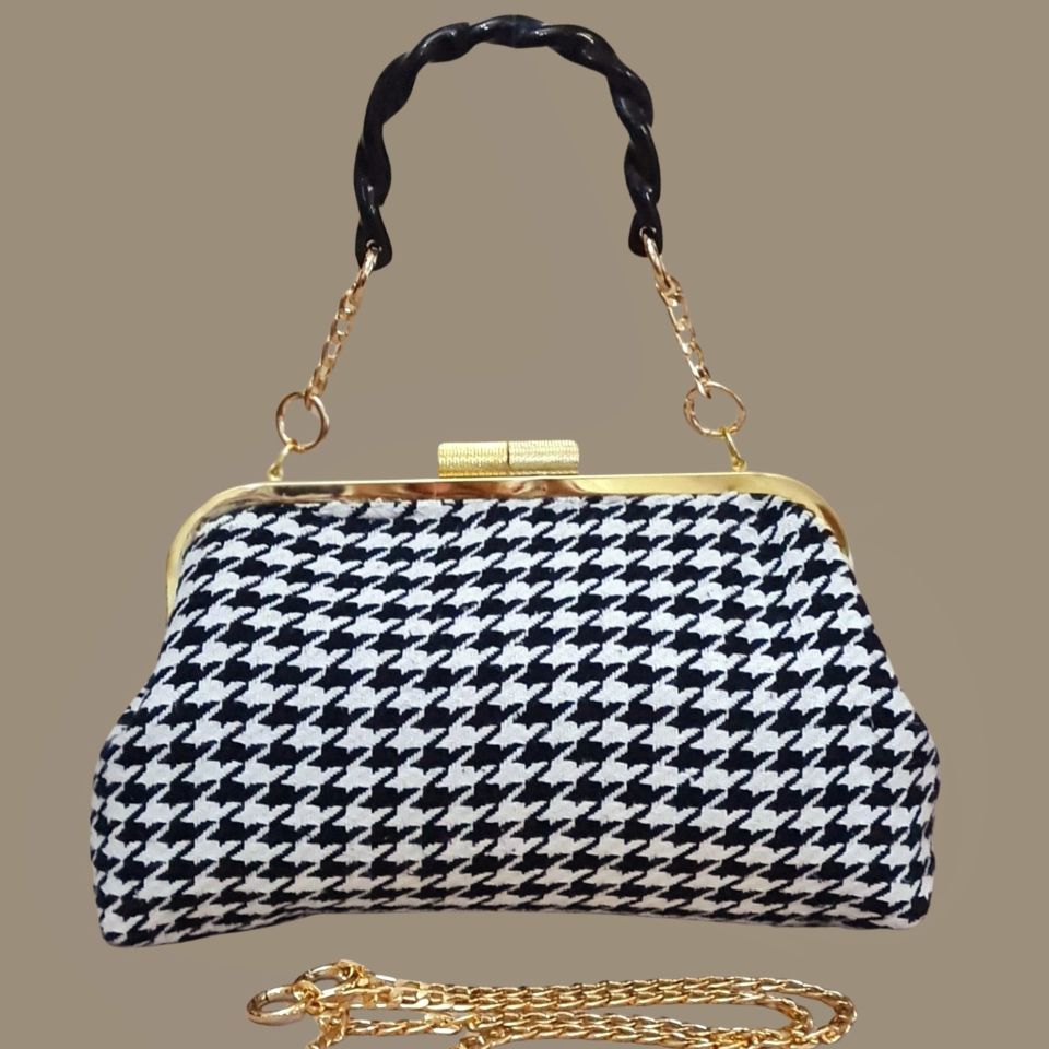 Coco Model Siyah Beyaz Renk Kazayağı Desenli  Kumaş Tasarım Çanta