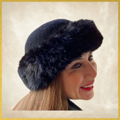 Amy Siyah Renk Saf Yün   Peluşlu Şapka