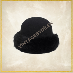 Amy Siyah Renk Saf Yün   Peluşlu Şapka