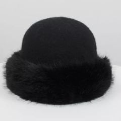 Amy Siyah Renk Saf Yün   Peluşlu Şapka
