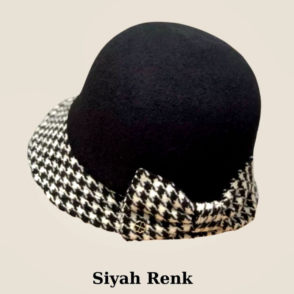 Della Siyah Beyaz Renk Saf Yün Kumaş Şapka