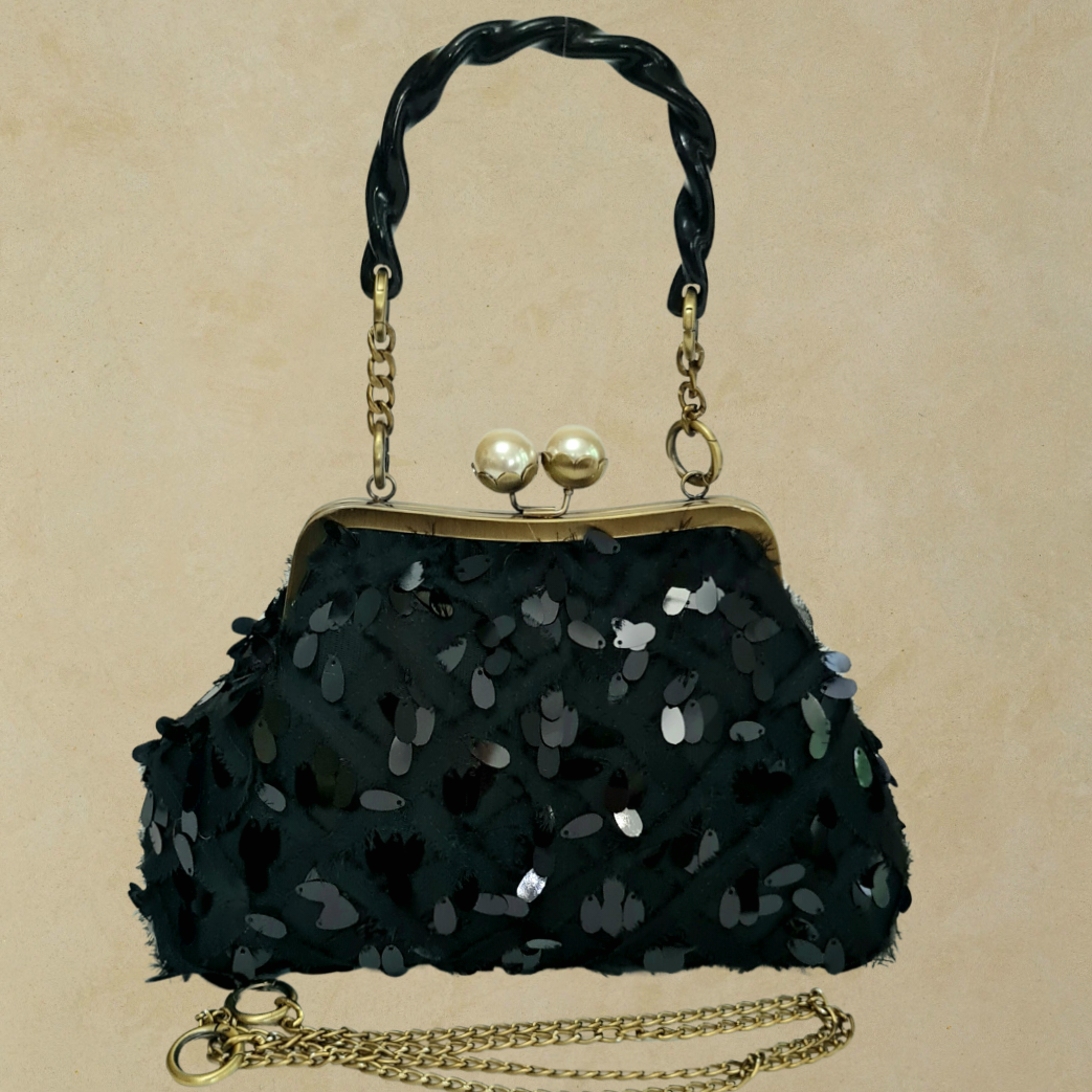 İnci Model Siyah Renk Brode Payetli Kumaş  Tasarım Çanta