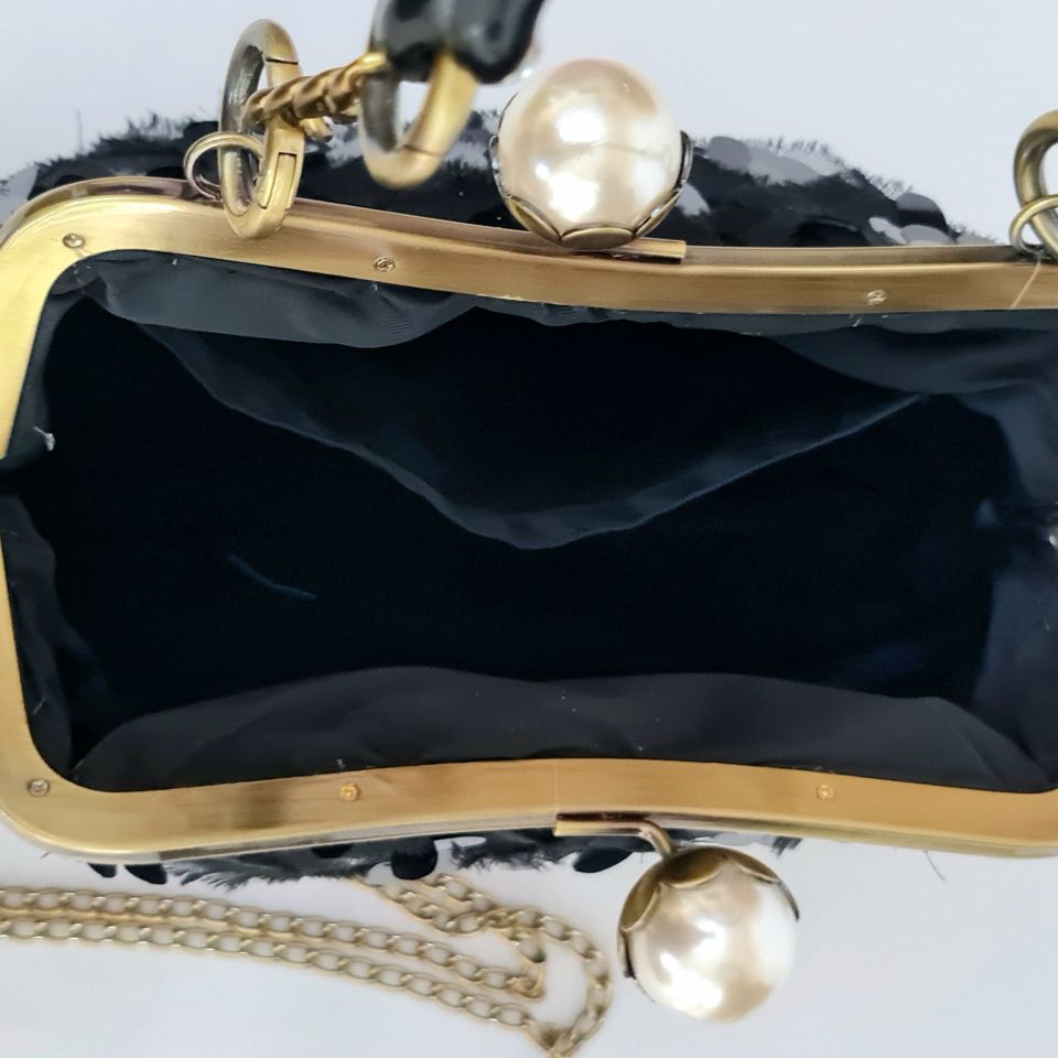 İnci Model Siyah Renk Brode Payetli Kumaş  Tasarım Çanta