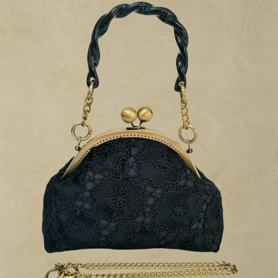 Topuz Model Siyah Güpür Dantel Kumaş  Tasarım Çanta