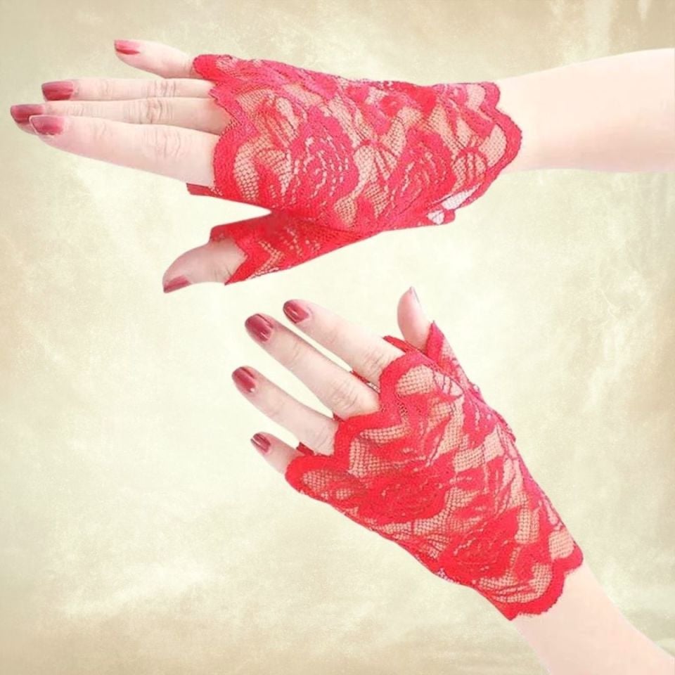 Barones Kırmızı Dantel Yarım Parmaksız Eldiven
