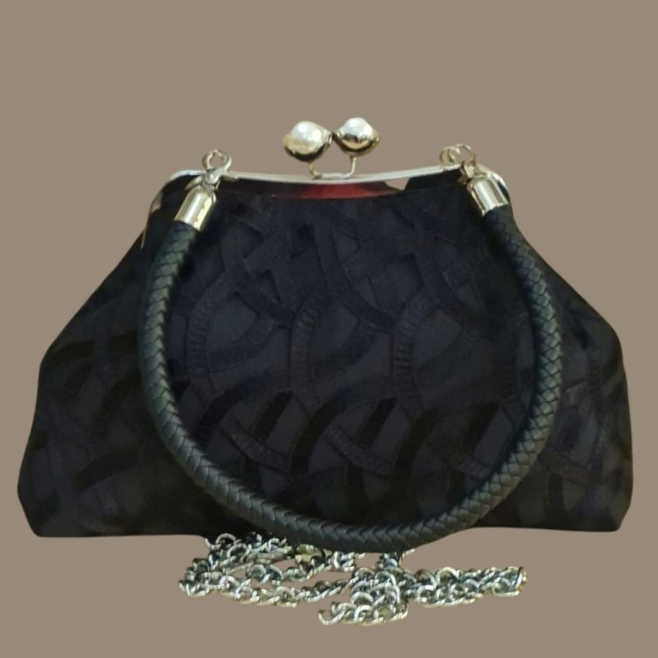 İnci Model Siyah Brode Kumaş Tasarım Çanta