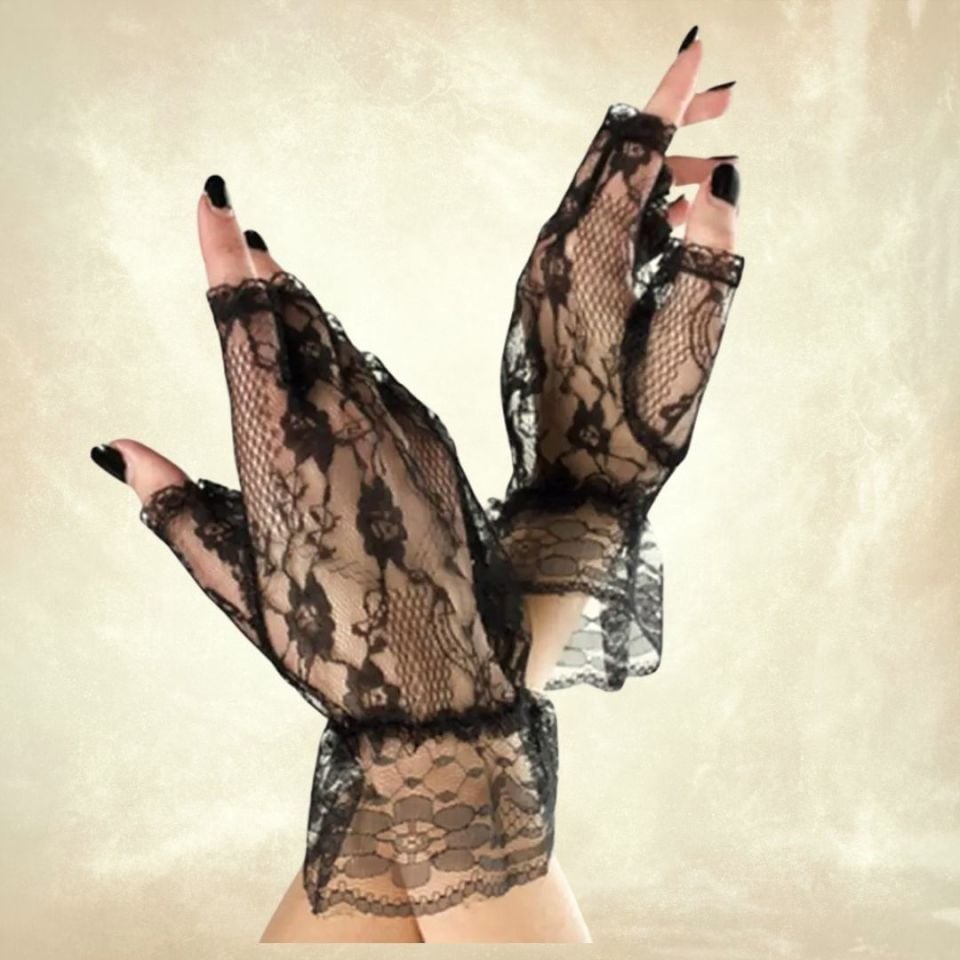 Barones Siyah Yarım Parmak Dantel Eldiven