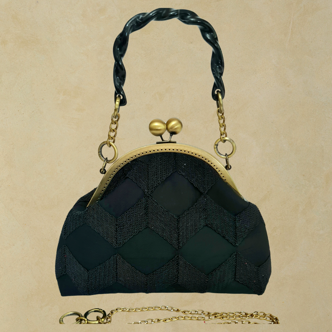 Topuz Model Siyah Brode Kumaş Tasarım Çanta