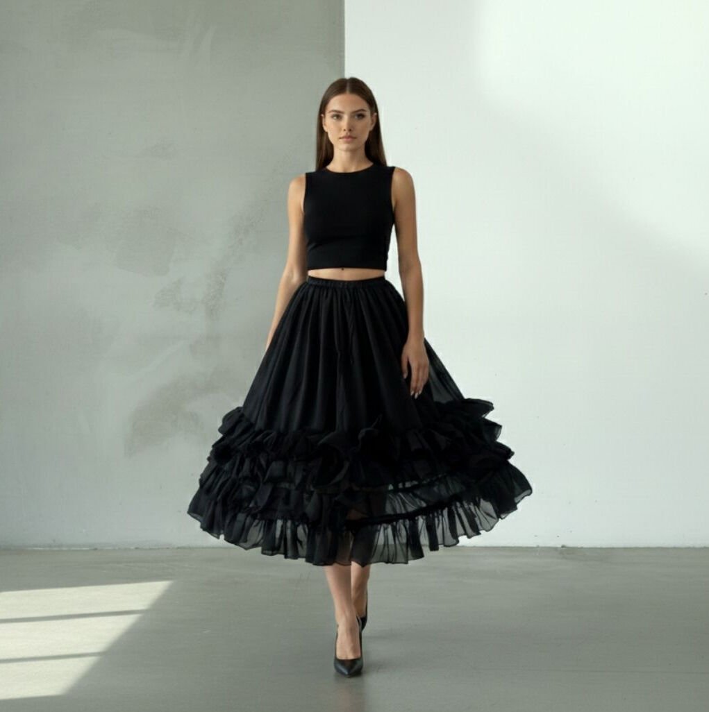 Kontes Siyah Renk Telli Jüpon Etek 70 cm