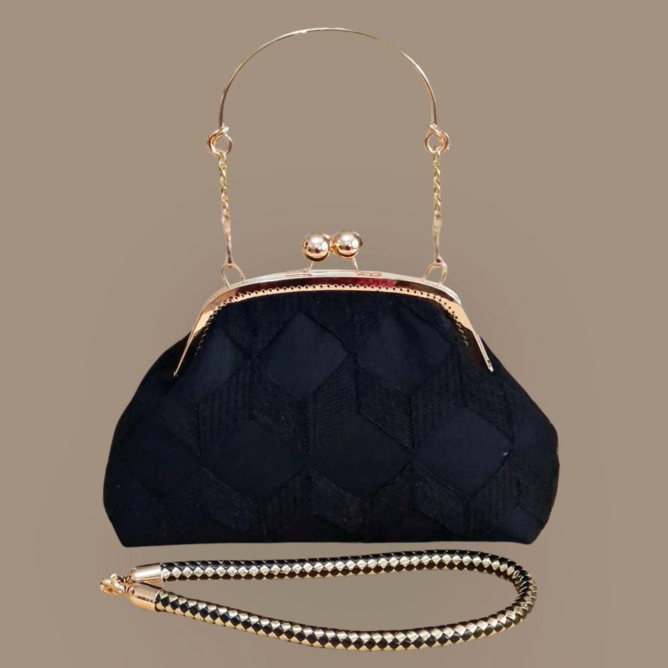 Topuz Model Siyah Brode Kumaş Tasarım Çanta