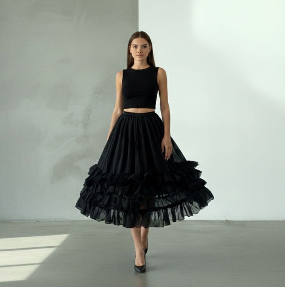 Kontes Siyah Renk Telli Jüpon Etek 70 cm