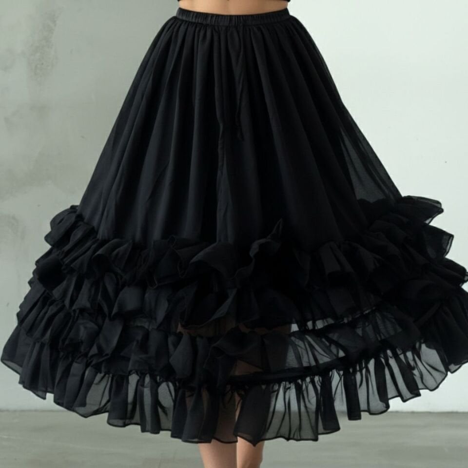 Kontes Siyah Renk Telli Jüpon Etek 70 cm