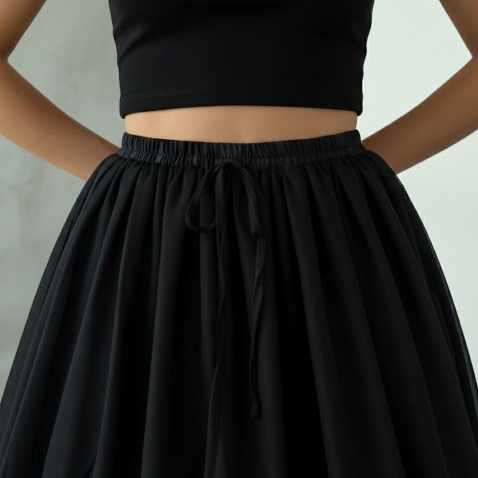 Kontes Siyah Renk Telli Jüpon Etek 70 cm