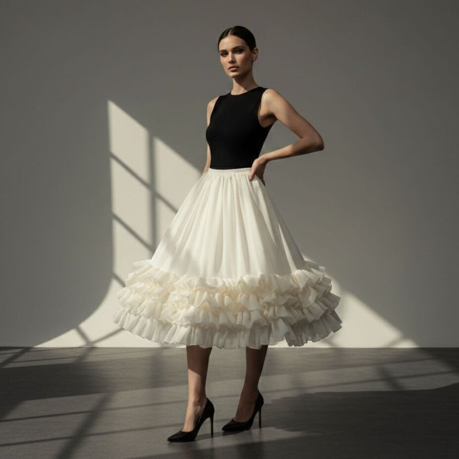 Kontes Krem Renk Telli Jüpon Etek 70 cm