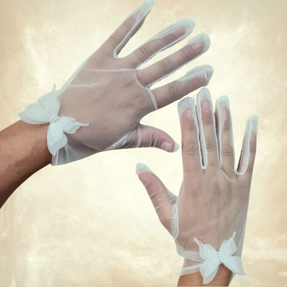 Leydi İnci Beyaz Organze Kelebek Detaylı Eldiven