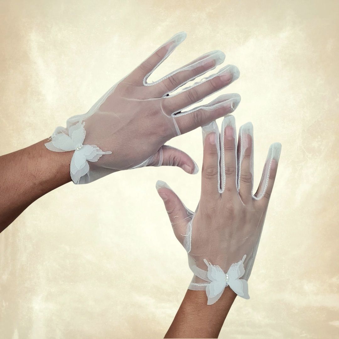 Leydi İnci Beyaz Organze Kelebek Detaylı Eldiven
