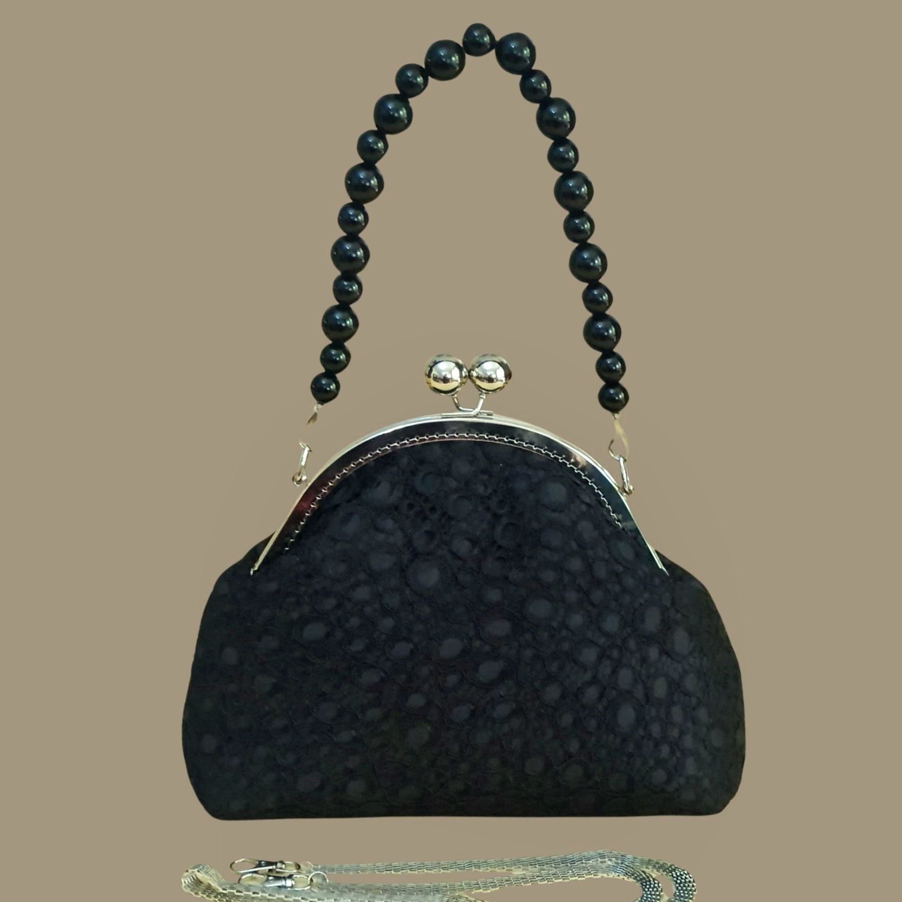 Topuz  Model Siyah Renk Dantel Kumaş Tasarım Çanta