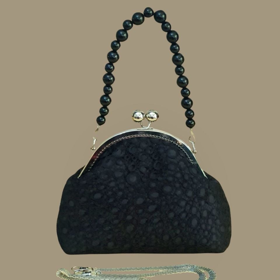 Topuz  Model Siyah Renk Dantel Kumaş Tasarım Çanta