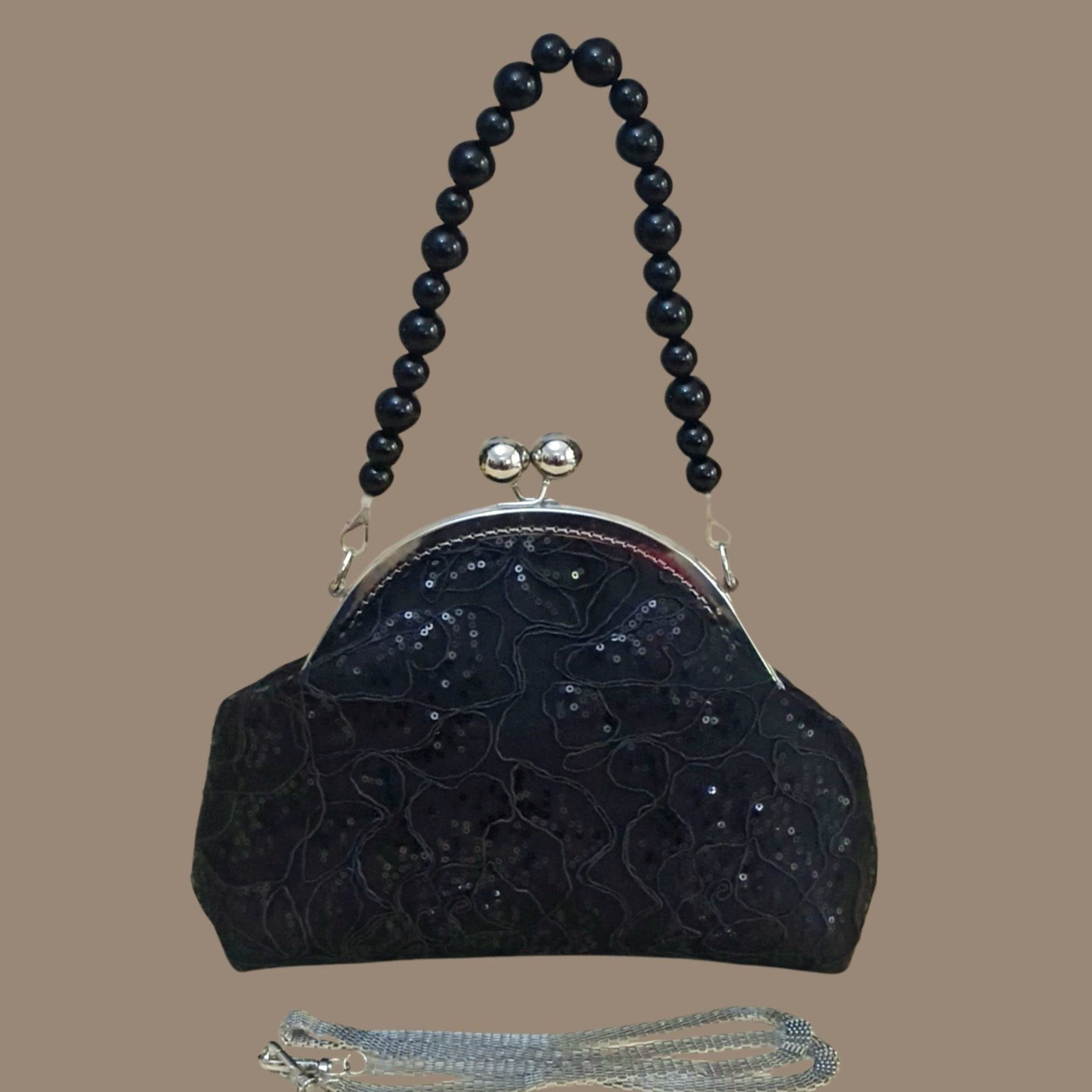 Topuz Model Siyah Pul Payet Dantel Kumaş  Tasarım Çanta