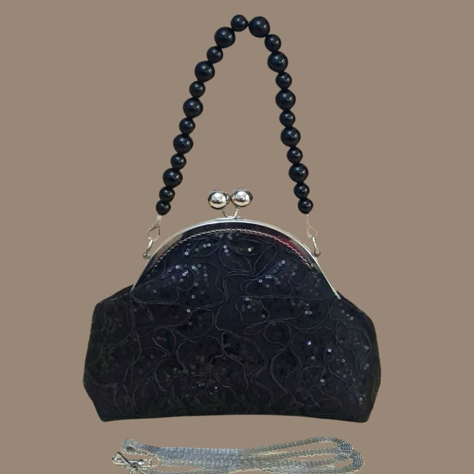 Topuz Model Siyah Pul Payet Dantel Kumaş  Tasarım Çanta
