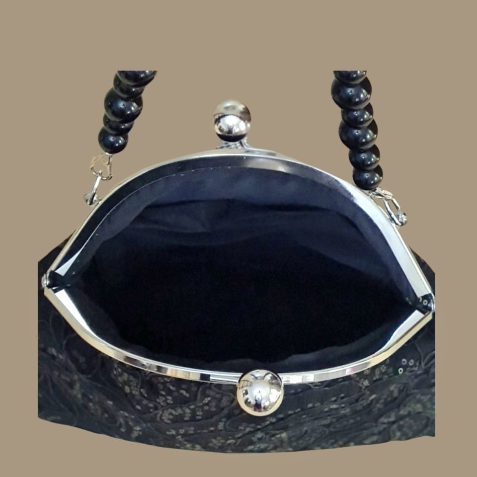 Topuz Model Siyah Pul Payet Dantel Kumaş  Tasarım Çanta