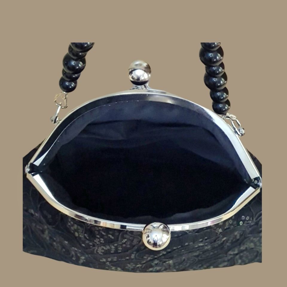 Topuz Model Siyah Pul Payet Dantel Kumaş  Tasarım Çanta