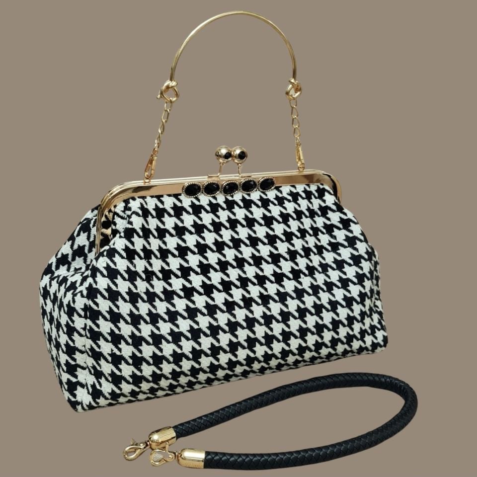 Coco Model Siyah Beyaz Renk Kazayağı Desenli Kumaş Tasarım Çanta