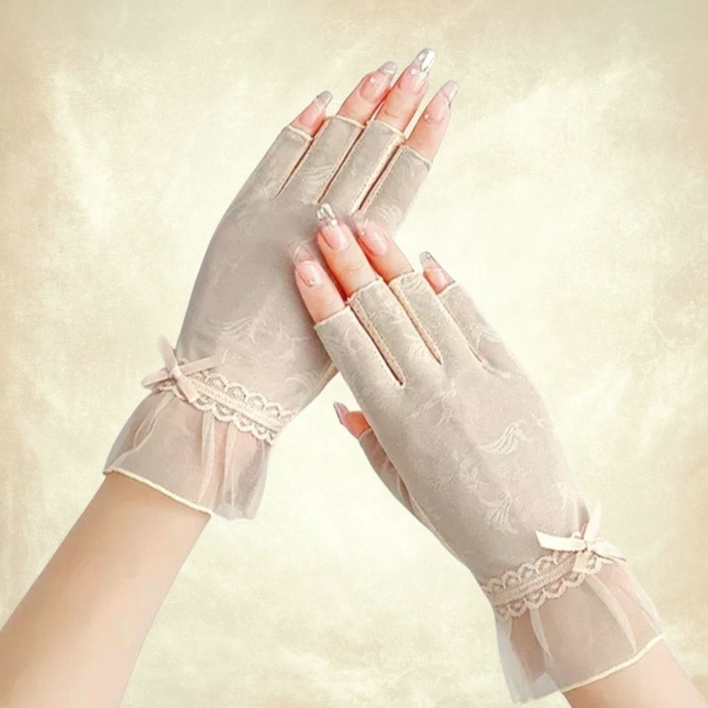 Bej Yarım Parmak Dantel Sürüş Eldiveni