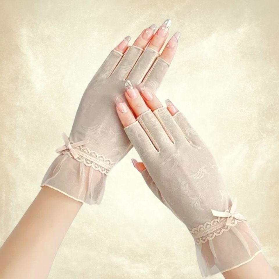 Bej Yarım Parmak Dantel Sürüş Eldiveni