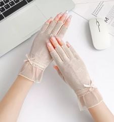 Bej Yarım Parmak Dantel Sürüş Eldiveni