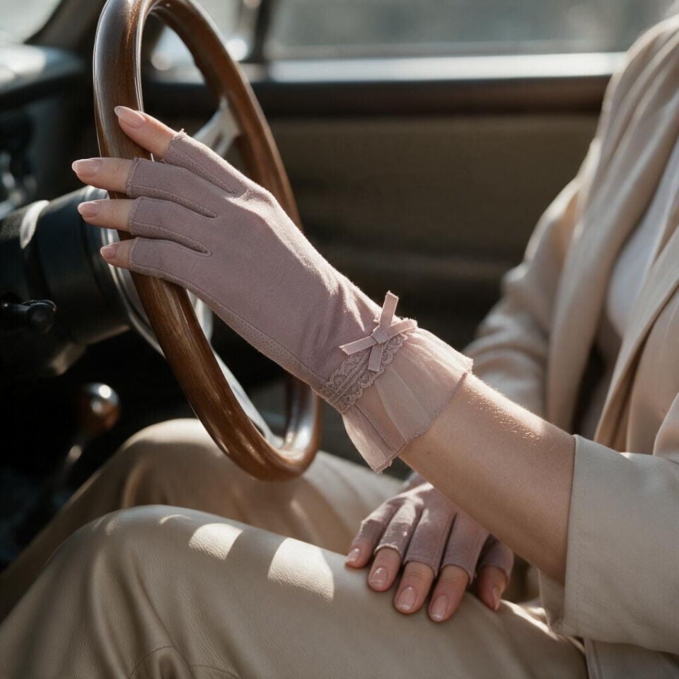 Gül Kurusu Yarım Parmak Dantel  Sürüş Eldiveni