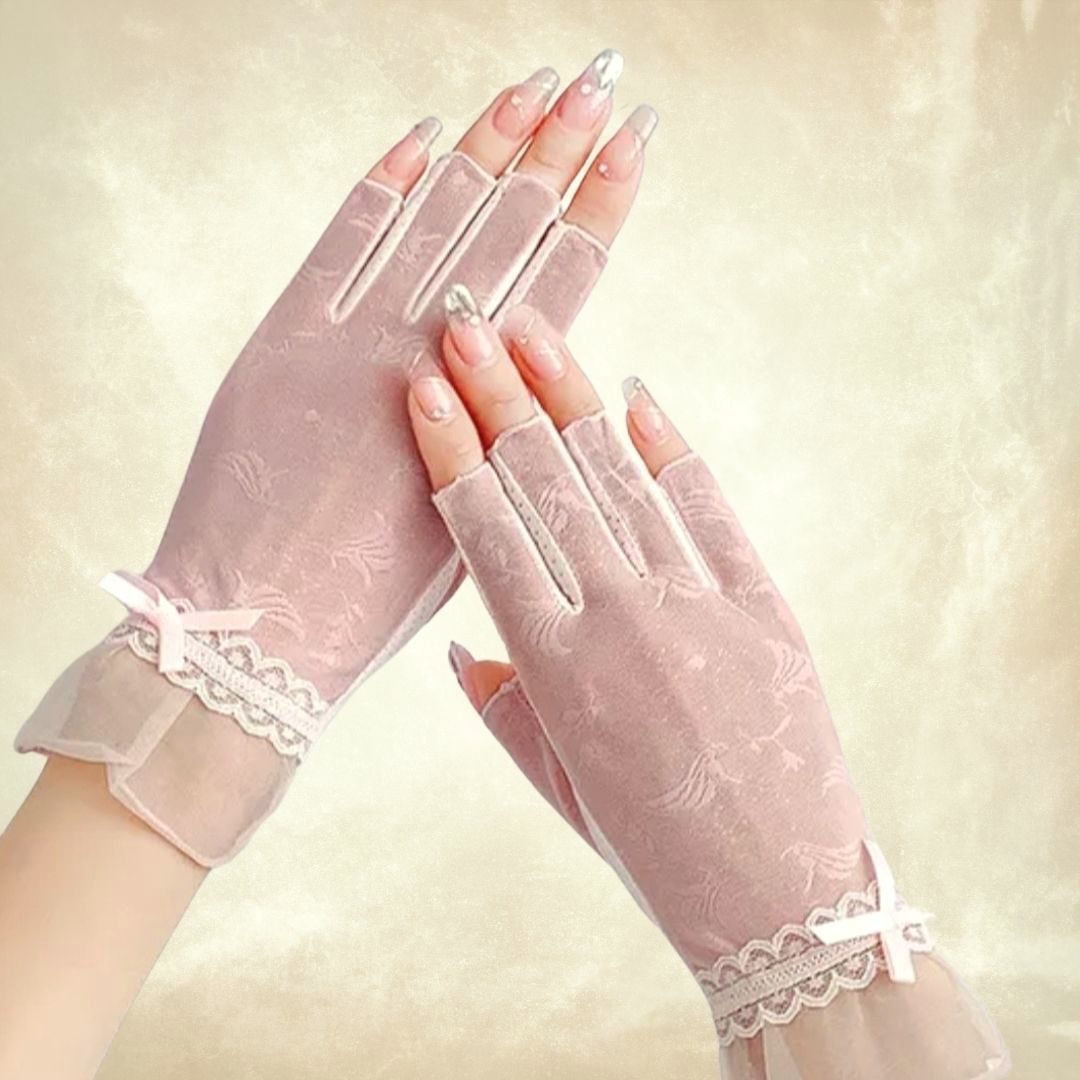 Pembe Yarım Parmak Dantel  Sürüş Eldiveni