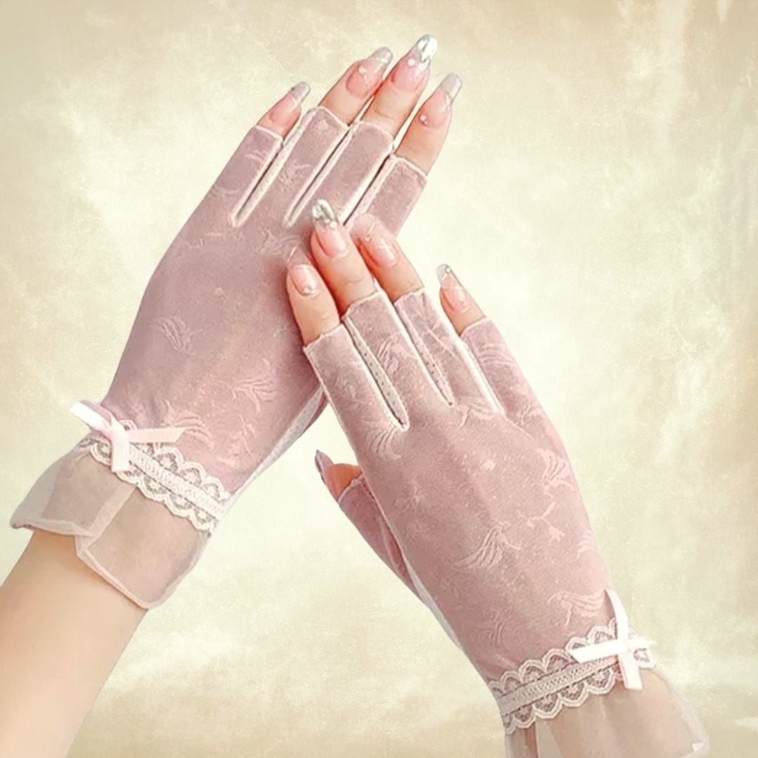 Pembe Yarım Parmak Dantel  Sürüş Eldiveni