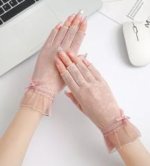 Pembe Yarım Parmak Dantel  Sürüş Eldiveni