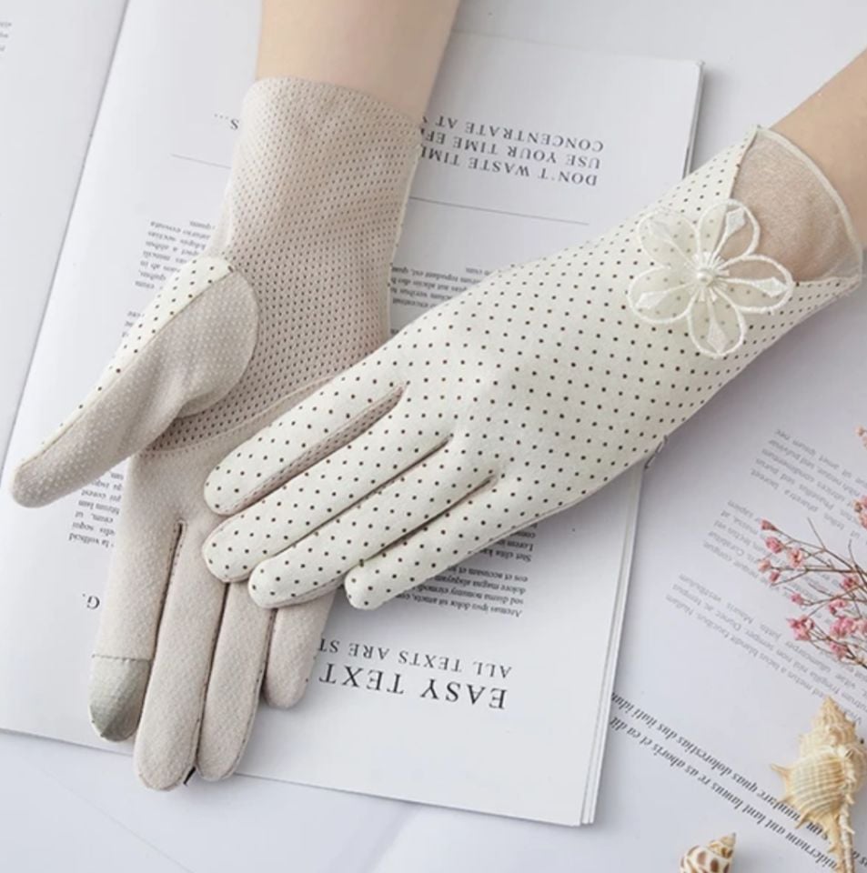 Krem Pamuklu Kumaş Bilek Boy Sürüş Eldiveni