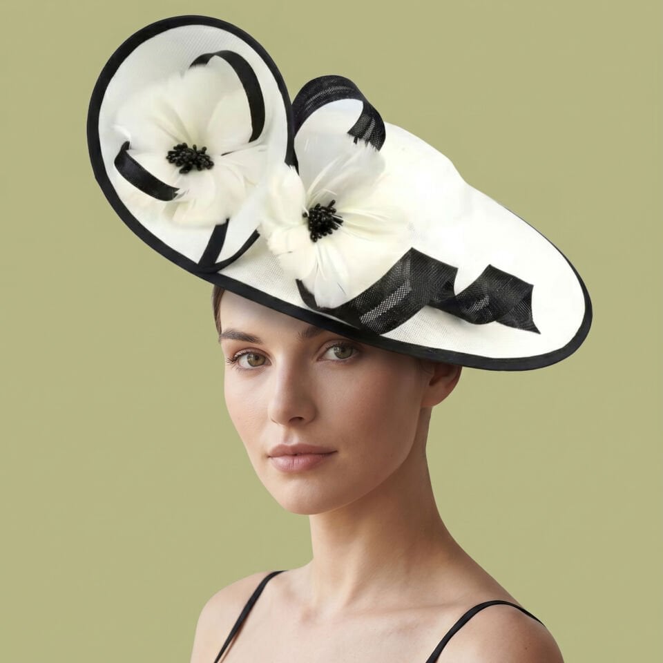 Lilly İnci Beyaz Siyah Vualet Şapka 45 cm Özel Şapka Kutulu