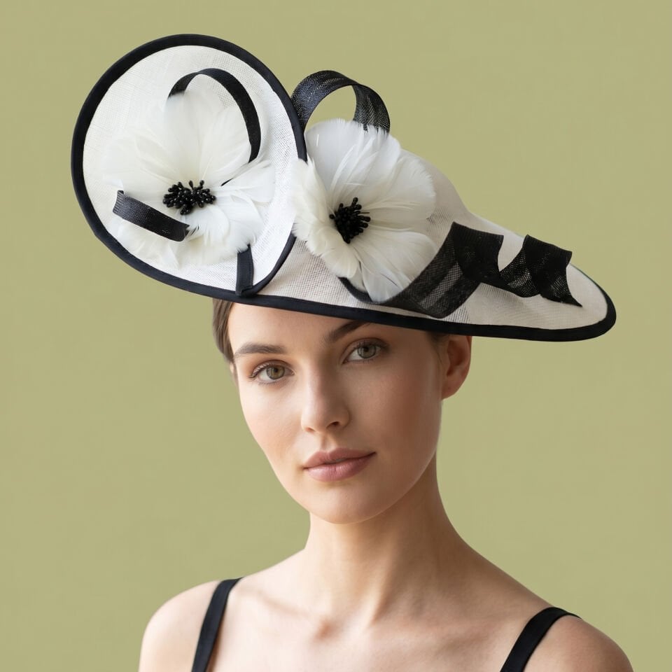 Lilly İnci Beyaz Siyah Vualet Şapka 45 cm Özel Şapka Kutulu