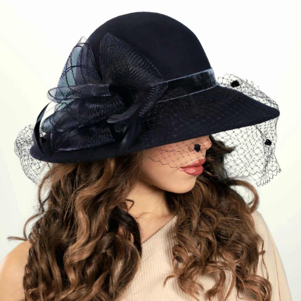 Gemma Lacivert Renk Derby Şapka Tül Peçeli