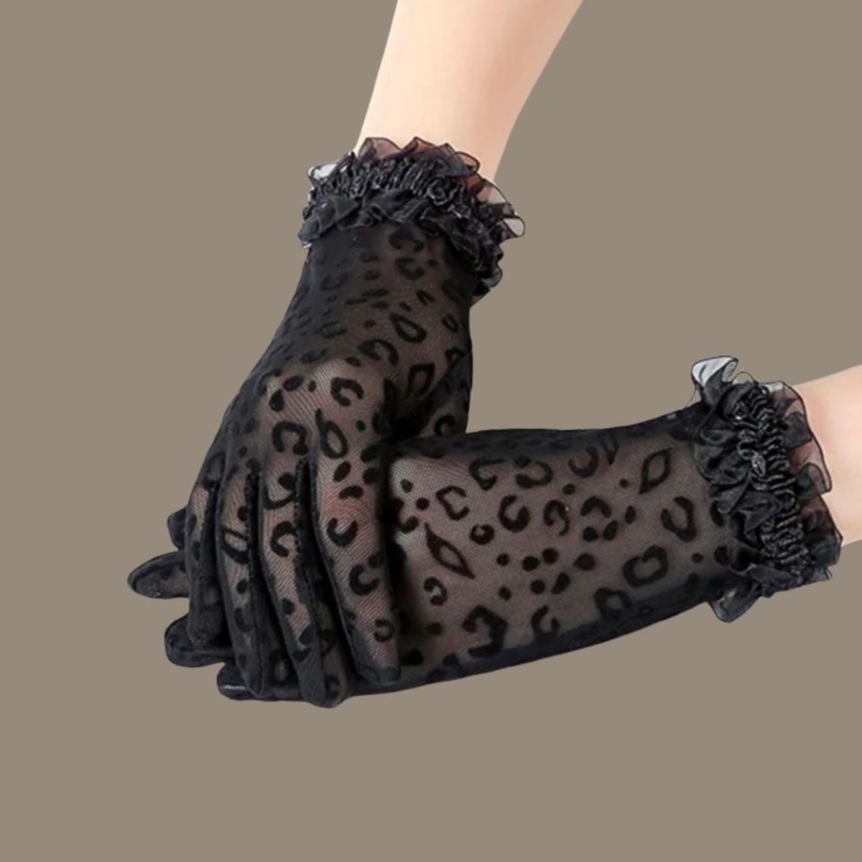 Barones Siyah Renk Leopar Desenli Dantel Eldiven